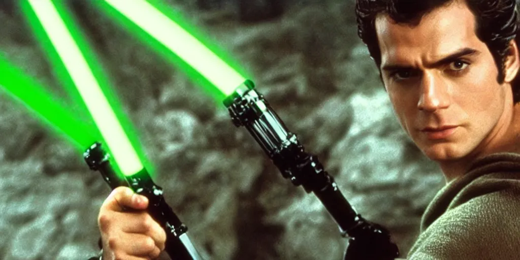 Image similar to a still from a film featuring clean shaven henry cavill as jedi master luke skywalker, holding a green lightsaber by the hilt, 3 5 mm, directed by steven spielberg, 1 9 9 4