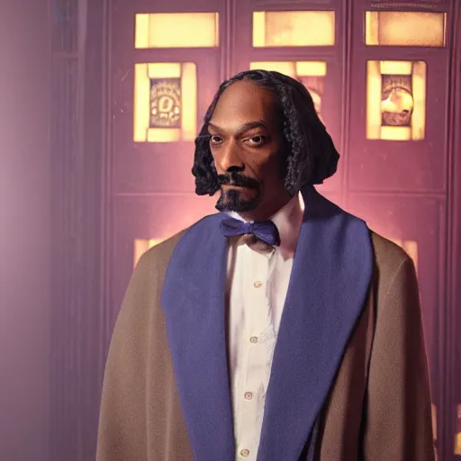 Image similar to snoop dogg as a rough dirty old man with a scruffy beard in a dark blue trenchcoat as the new doctor who, cinematic, volumetric lighting, f 8 aperture, cinematic eastman 5 3 8 4 film, photorealistic by greg rutkowski, by stanley artgerm, by alphonse mucha