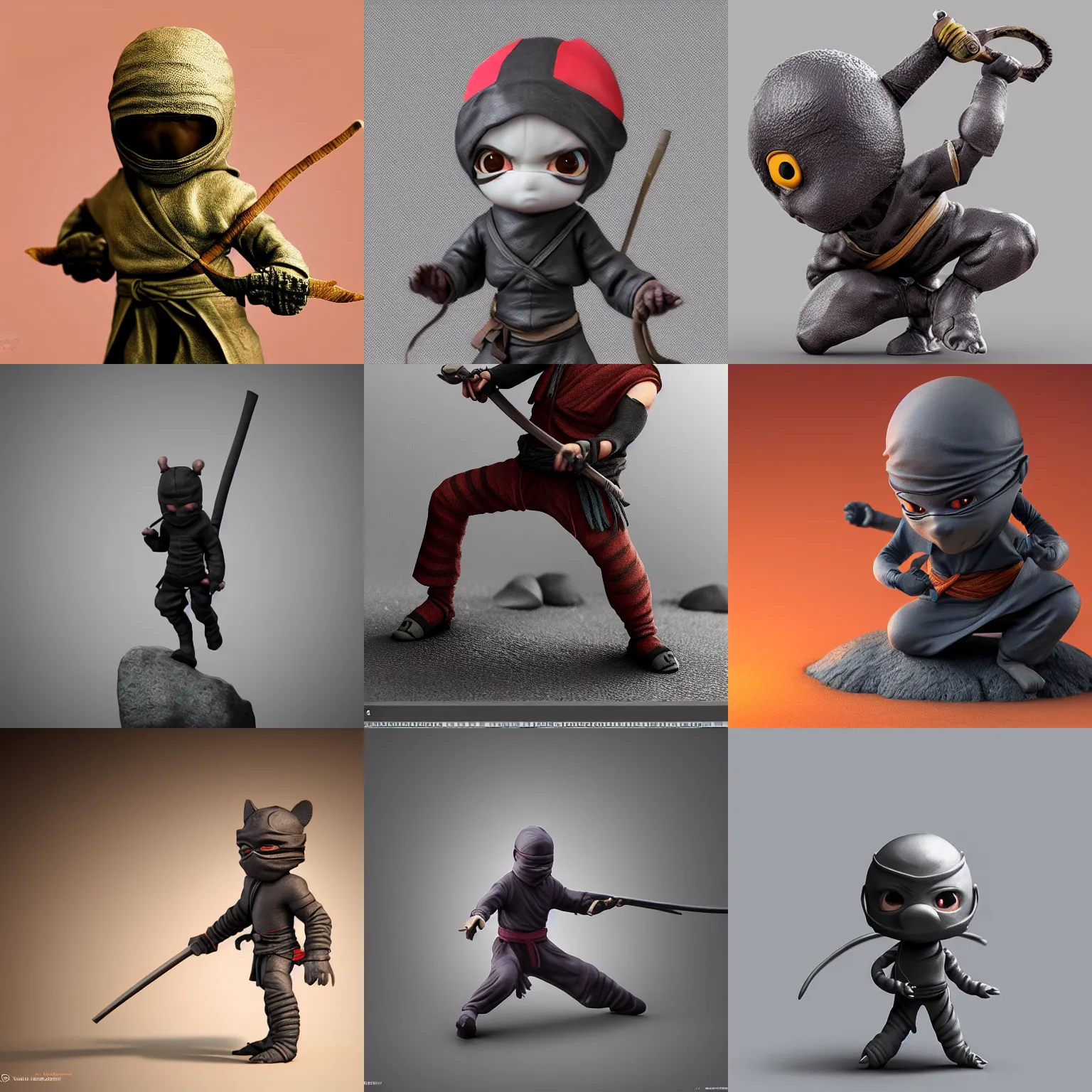 Prompt: a realistic diminutive ninja figurine, realistic, 3 d render, behance, octane render, glossy, reflecting, cute