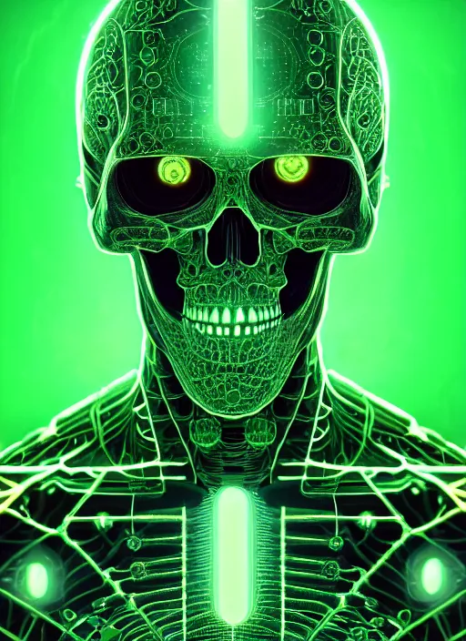 Image similar to extreme close up, portrait of a cyber skeleton, green glowing runes surrounding, exuding green energy runes, intricate, elegant, glowing lights, highly detailed, digital painting, artstation, concept art, smooth, sharp focus, illustration, art by wlop, mars ravelo and greg rutkowski