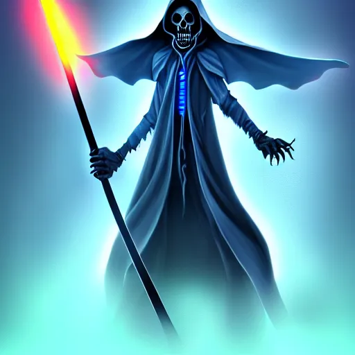 Image similar to grim reaper with a blue glowing scythe, digital art, digital painting, 4 k, hd, artstation, devian art, highly detailed