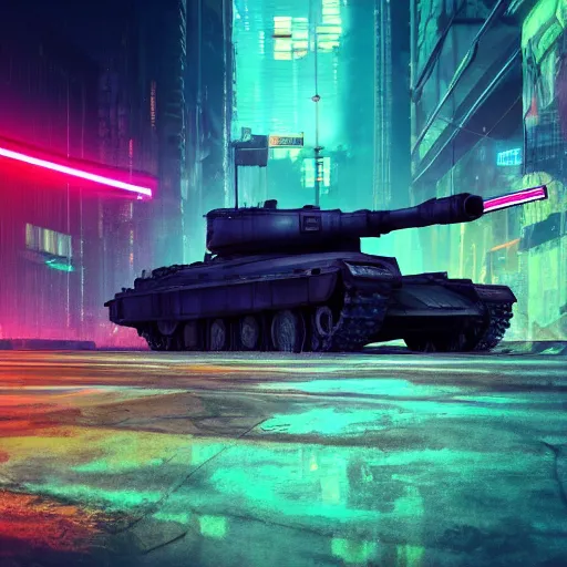 Image similar to high quality photo of a tank in a cyberpunk cyberpunk cyberpunk city, neon lights, realism, 8k, award winning photo, no water