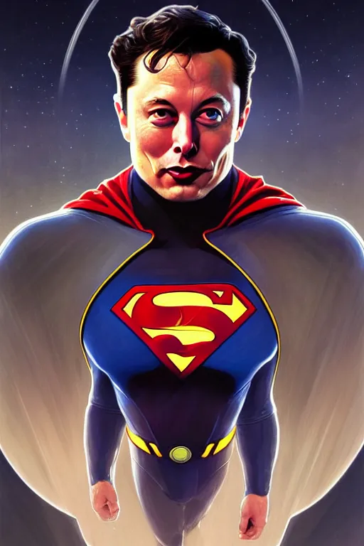 Image similar to elon musk as superman, realistic portrait, symmetrical, highly detailed, digital painting, artstation, concept art, smooth, sharp focus, illustration, cinematic lighting, art by artgerm and greg rutkowski and alphonse mucha