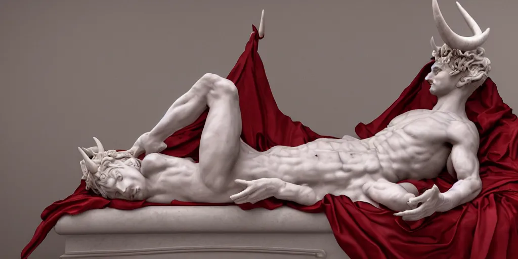 Image similar to baroque delicate full-body marble sculpture of reclining handsome horned teenage demon-boy laying back on a bed while checking notifications on a phone, red silk flowing fabric, marble white columns, Trending on artstation, octane render, cinematic, hyper realism, octane render, 8k, depth of field