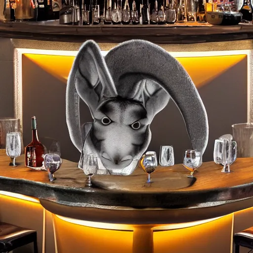 Image similar to surreal, fuzzy mule, sitting at a bar, taps, bar lighting, giant eyes, bubbles in the air, hyper realistic, 8k