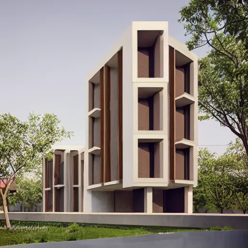 Image similar to low - cost housing designed by architect b v doshi ; contemporary indian stunning architectural photography from magazine ; wide angle view 1 4 mm lens f 2 2 ; evermotion archexterior, v - ray + unreal engine + real life natural photo + daz studio iray + highly detailed 8 k textures + hdr lighting, ray traced, v - ray, vue render, artstation