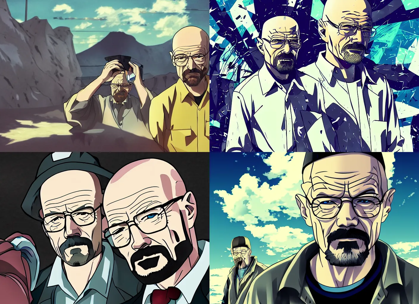Prompt: Walter White brewing meth beautiful anime styled image