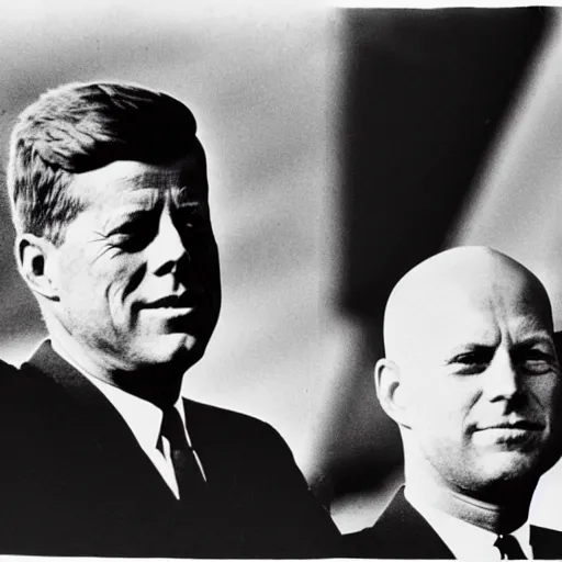 Prompt: b / w photo of jfk, no hair, bald, next to nikita kruschev