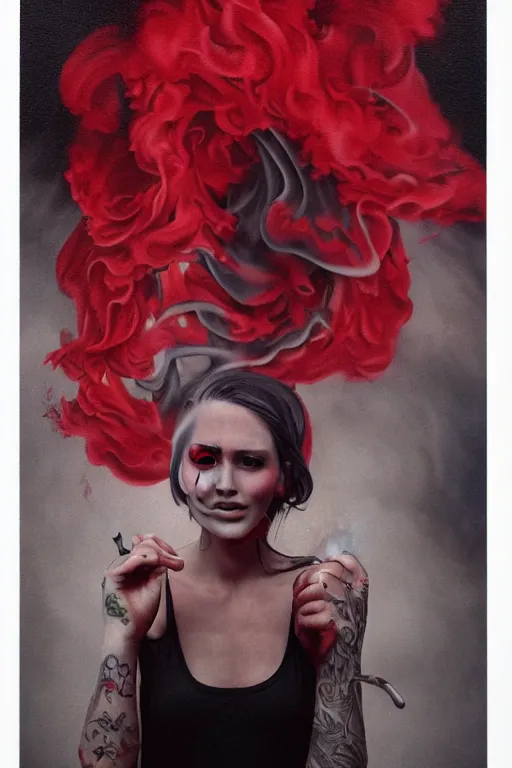 Image similar to tattooed beautiful cult girl smoke swirling and smiling, red dress, drug trip, symmetric, dark, moody, eerie religious composition, photorealistic oil painting, post modernist layering, by Sean Yoro