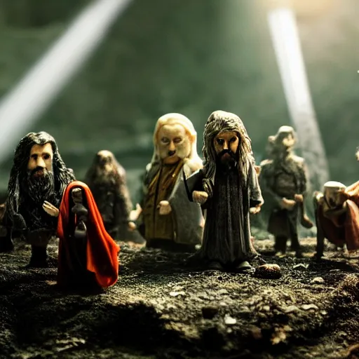 Image similar to claymation action shot of the council of the ring, lotr, dramatic lighting, creepy, dslr, tilt shift, extremely textured, realistic hyper detailed