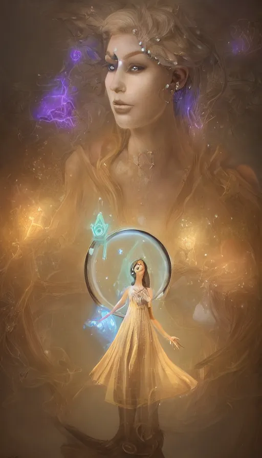 Prompt: goddess of illusion, beautiful, stunning, breathtaking, mirrors, glass, magic circle, magic doorway, fantasy, mist, bioluminescence, hyper - realistic, unreal engine, by pixar concept artists