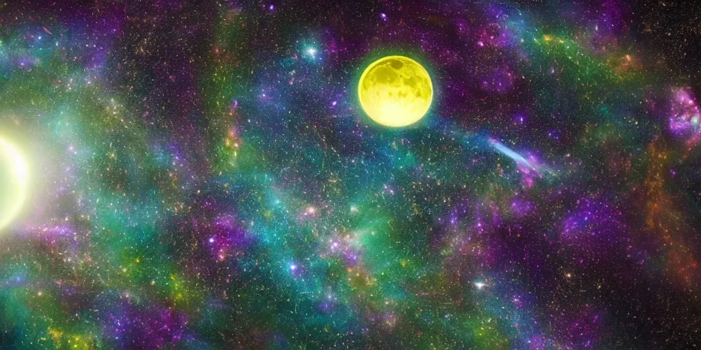 Image similar to a golden spaceship orbits a ringed purple planet, a luscious green moon is contrasted against a magnificent sky full of galaxies