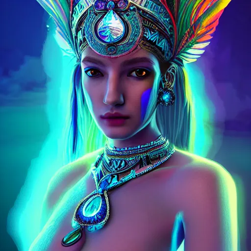 Image similar to portrait highly detailed beautiful symmetrical face high priestess water nymph intricate elegant detailed crystal jewellery with tribal feathers, lush colourful volumetric lighting, digital painting, concept art, smooth, sharp focus 3 d, divine realm of gods, realistic cinematic style, octane render, photographic, unreal engine 8 k