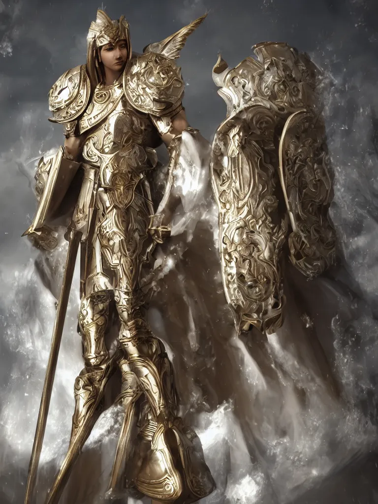 Prompt: male divine and rogynous gorgeous, with a white gold high angelic armor, symmetrical, full body, dark epic, roman toga, cinematic lighting, heaven background, concept art, highly detailed, photorealistic, 4 k, mist, octane render, unreal engine, hyper detailed, volumetric lighting.