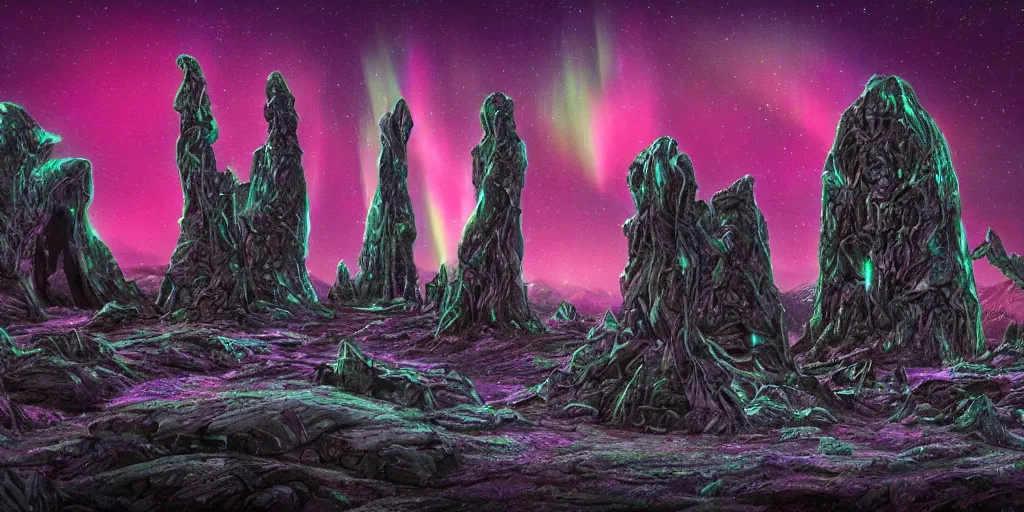 Image similar to highly detailed photoreal eldritch biomechanical rock monoliths, stone obelisks, aurora borealis, psychedelic