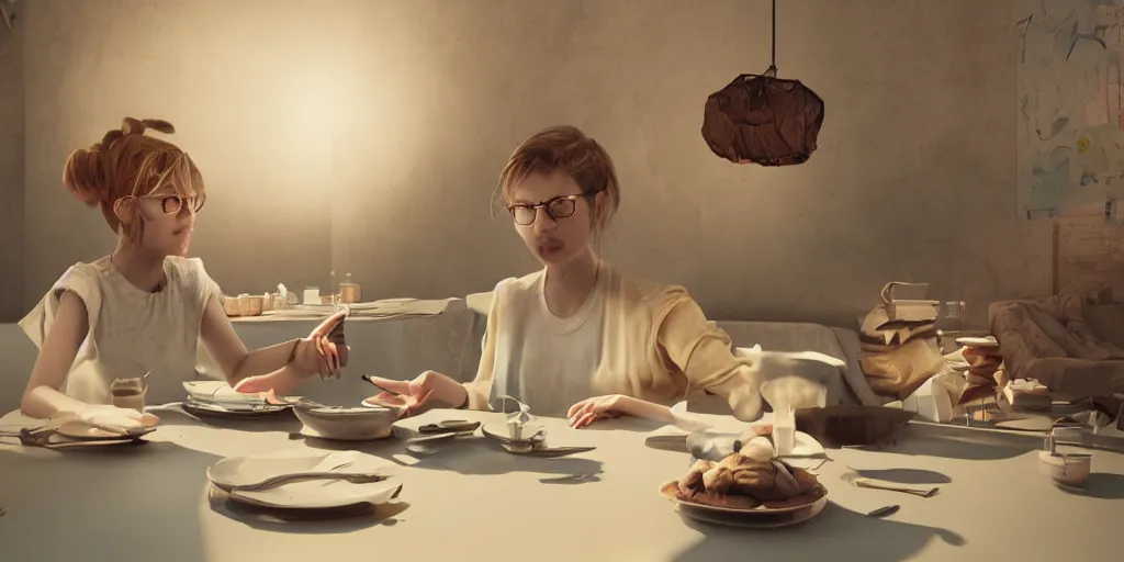 Prompt: the girl at the table creates something great, illustration, reality, wide shot, light colors, highly detailed, sharp focus, cinema 4 d, 3 d, octane render