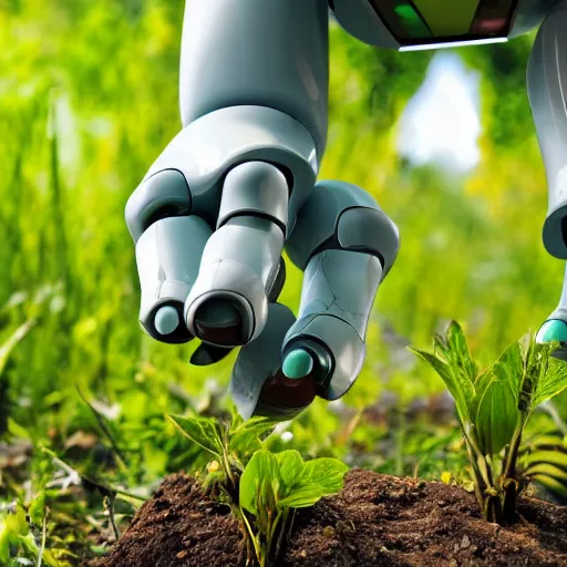 Image similar to robot in his hands is holding a small piece of land with a small ecological green plant