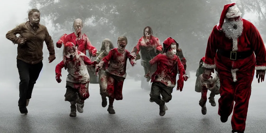 Prompt: Children running away from zombie Santa, Christmas horror movie fog dark blood by Jordan Peele