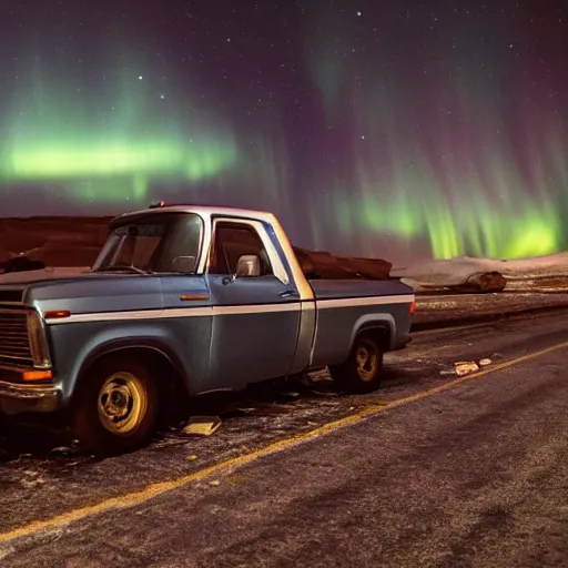 Image similar to a high quality filmic depth of field action horror movie style color film photograph of a white pickup truck getting into a horrific car crash on a desolate road in 1982 antarctica with aurora borealis in the very dark nightime sky