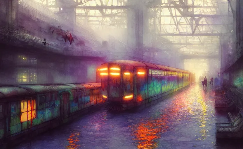 Prompt: an urban train rides inside of a waterway on a fantasy city. intricate, amazing composition, colorful watercolor, by ruan jia, by maxfield parrish, by marc simonetti, by hikari shimoda, by robert hubert, by zhang kechun, illustration, gloomy, volumetric lighting