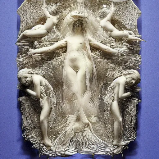 Prompt: ( ( god king of ai art ) ), by rene lalique, highly detailed,, by william - adolphe bouguerea, ( ( mutually assured digital destruction ) ) by gustav klimpt, cpu gpu wafer, glitch art