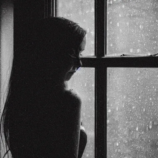 Prompt: analog photograph portrait of a beautiful woman looking out the window, seen from outside, it\'s raining, greyscale, film grain, depth of field, bokeh