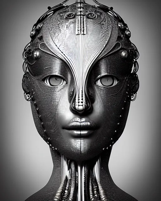 Image similar to mythical black and white organic bio-mechanical spinal ribbed profile face portrait detail of silver mechanical beautiful female angelic-vegetal-cyborg, highly detailed, intricate steampunk ornate, poetic, 3D render, digital art, octane render, 8K artistic photography, photo-realistic, by Dora Maar