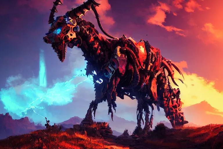 Image similar to grimhorn fanghorn machine mecanical creature robot of horizon forbidden west horizon zero dawn bioluminiscence global illumination ray tracing hdr fanart arstation by ian pesty and alena aenami artworks in 4 k