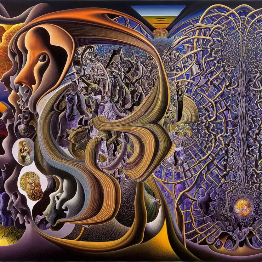 Image similar to infinite fractals of darkness, recursion, surreal, by salvador dali and mc escher and alex grey, oil on canvas, hd, dreams, intricate details, dark, vivid colors