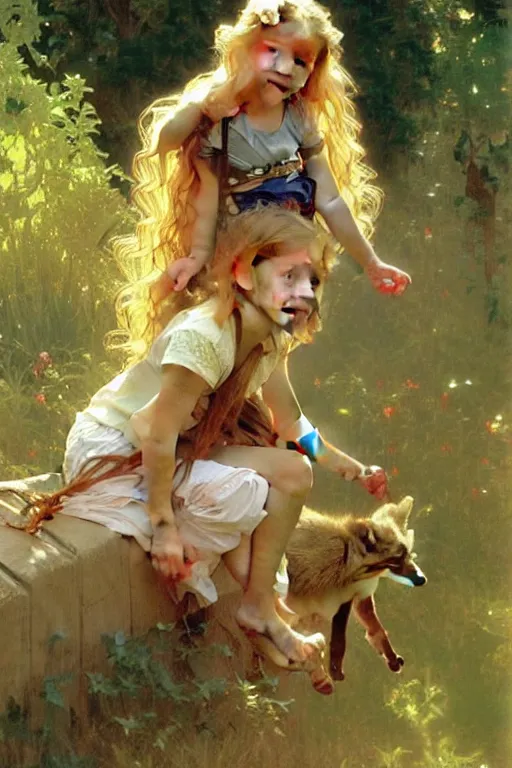 Prompt: a seven - year old with long curly dirty blonde hair, blue eyes, tan skin a tee shirt and shorts, playing with foxes, painting by daniel gerhartz, alphonse mucha, bouguereau, detailed art, artstation