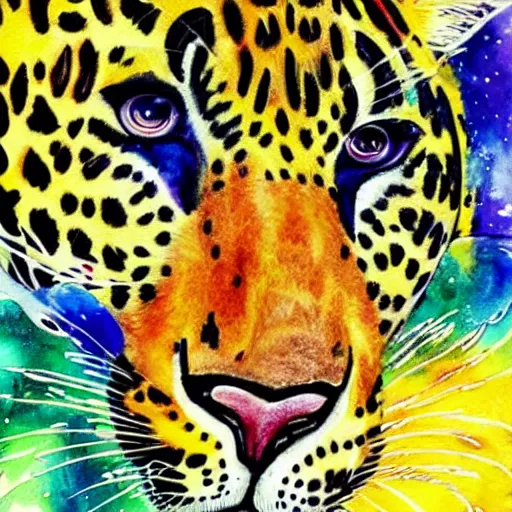 Prompt: jungle leopard in space. watercolor. vibrant. amazing painting. beautiful. high resolution. highly realistic. cool tones. close - up.