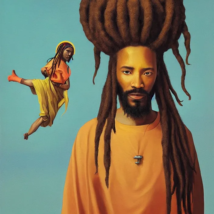 Image similar to UFO hovering around an African Jesus with dreadlocks, colourful painting by Hsiao-Ron Cheng,