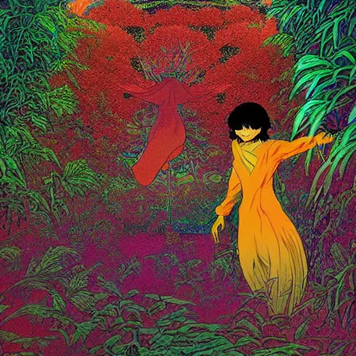 Image similar to A beautiful composition of a psychedelic glowing spirit animal psychonaut floating above a hedge maze, DMT, rich details full of texture, realistic eyes, artwork by Satoshi Kon and Yoshitaka Amano and Moebius,