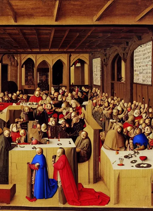 Image similar to date at the crowded medieval inn. Medieval painting, by Jan van Eyck