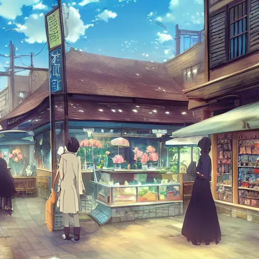 the tea shop on the corner, anime scenery by Makoto, Stable Diffusion