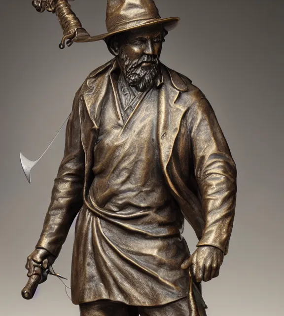 Image similar to a 4 k photorealistic photo medium shot of a bronze statue of a man wearing a fedora holding a sword, standing heroically.