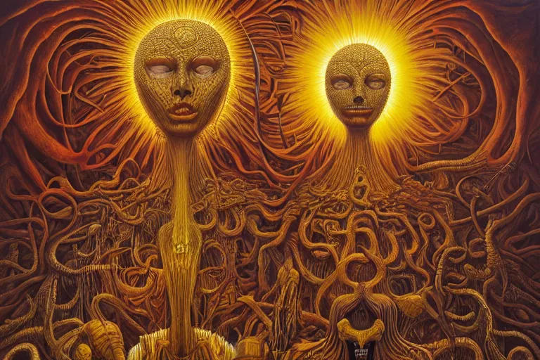 Image similar to THE QUEEN OF THE SUN by jacek yerka, alex gray, zdzisław beksiński, dariusz zawadzki, jeffrey smith and h.r. giger, oil on canvas, 8k highly professionally detailed, trending on artstation