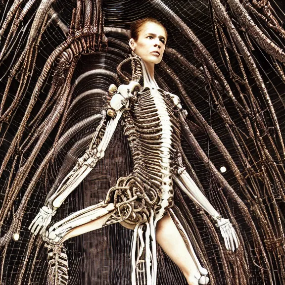 Image similar to still frame from Prometheus, biomechanical gaia, by Neri Oxman and alexander mcqueen metal couture editorial, in mycelium hanging garden by giger by utagawa kuniyoshi