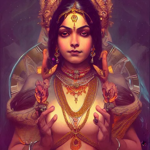 Image similar to Portrait of an hindu goddess as 2B, dark art, D&D, fantasy, intricate, elegant, highly detailed, digital painting, artstation, concept art, matte focus, octane, illustration, art by Artgerm and Greg Rutkowski and Alphonse Mucha