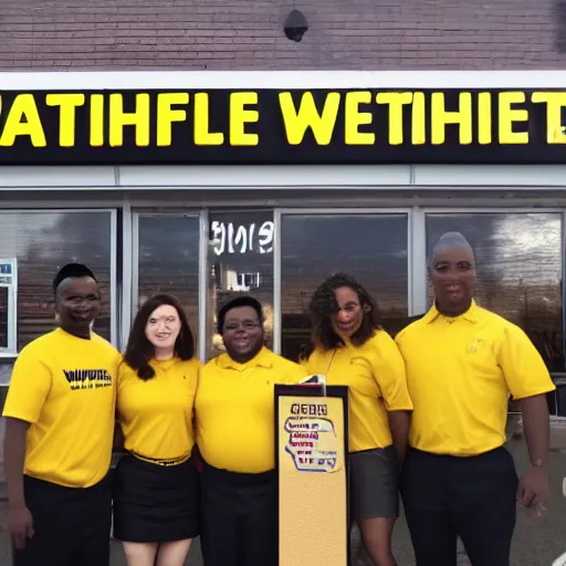 Image similar to wafflehouse employee's standing below wafflehouse sign, employees uniform is black and blue with yellow name tags