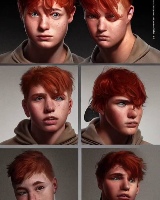 Prompt: portrait of short and stocky, 1 9 - year - old male twins with red hair and freckles, hyper realistic face, beautiful eyes, character art, art by mark brooks, hyperdetailed, cryengine, trending on artstation, digital art