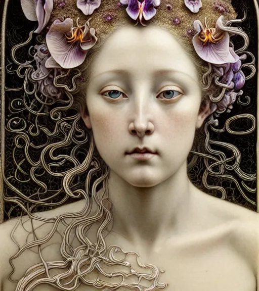 Image similar to beautiful young orchid fairy detailed realistic porcelain face portrait by jean delville, charlie bowater, iris van herpen and marco mazzoni, art forms of nature by ernst haeckel, art nouveau, symbolist, visionary, gothic, neo - gothic, pre - raphaelite, fractal lace, intricate alien botanical biodiversity, surreality, hyperdetailed ultrasharp octane render