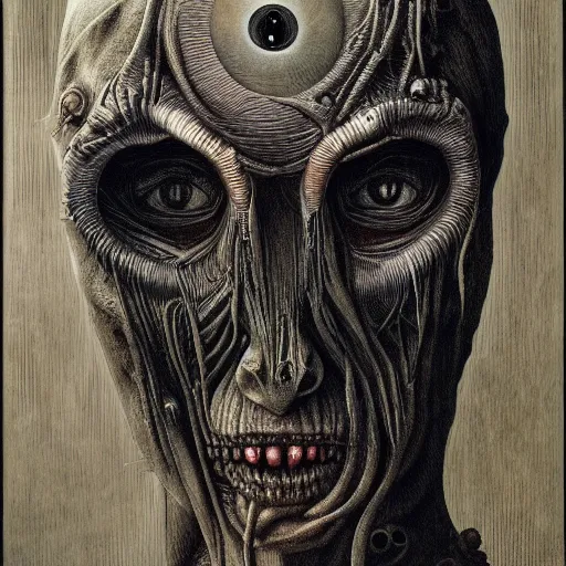 Prompt: hr giger portrait oil award winning monstrosity horror humanoid biomechanical woman zdzisław beksinski muted detailed hyperreal veins eyeballs