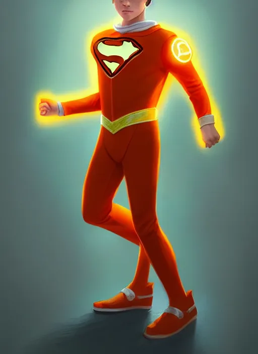 Image similar to kind teenage archie andrews wearing an orange superhero costume, superhero costume with heart emblem, cape, intricate, elegant, glowing lights, highly detailed, digital painting, artstation, sharp focus, illustration, art by wlop, mars ravelo and greg rutkowski