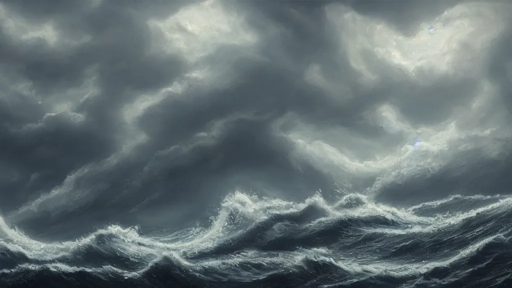 Prompt: A kraken rising out of a stormy sea, concept art, oil on canvas painting, 8k, highly detailed, artstation