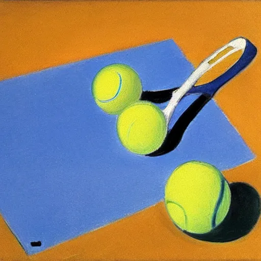 Prompt: a tennis racket and tennis ball sitting in the sun by Matisse, oil painting