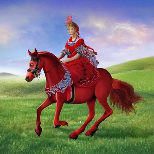 Image similar to The digital art shows the heroine riding on a magnificent red horse. She is clad in a traditional Russian folk costume, complete with a brightly-colored headscarf. Her face is pale and beautiful, with a look of resolve in her eyes. Behind her, the horse's hooves churn up the earth as they gallop across the countryside. In the distance, the dark forest looms, its trees reaching up into the sky. raypunk by Tim Walker sad