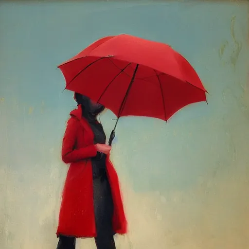 Prompt: woman with red coat and cyan umbrella, jon foster