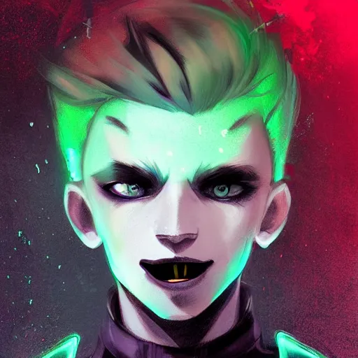 Image similar to Young Danny phantom, transluscent and ghostly, with glowing green eyes and sharp teeth fangs alt art fashion punk, art by WLOP and Charlie Bowater and WLOP and Mark Arian and Ross Tran + neon colors, symmetry,A digital matte intricate illustration concept art , intricate complexity, highly coherent, epic composition, magical atmosphere, highly super detailed, cinematic lighting + masterpiece, trending on artstation + 8k