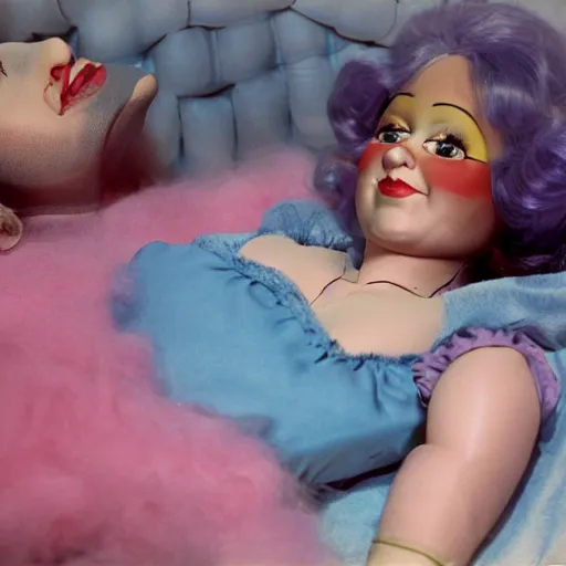 Prompt: highly detailed, photographic, 1981 movie scene of a woman lying in bed. The woman has a blue hairstyle and night gown.next to the woman is a man made complete of candy floss. Next to the people is a plastic ventriloquist doll, photographic